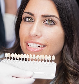 Woman's smile compared with tooth color chart