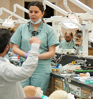 Dentists working in dental school lab